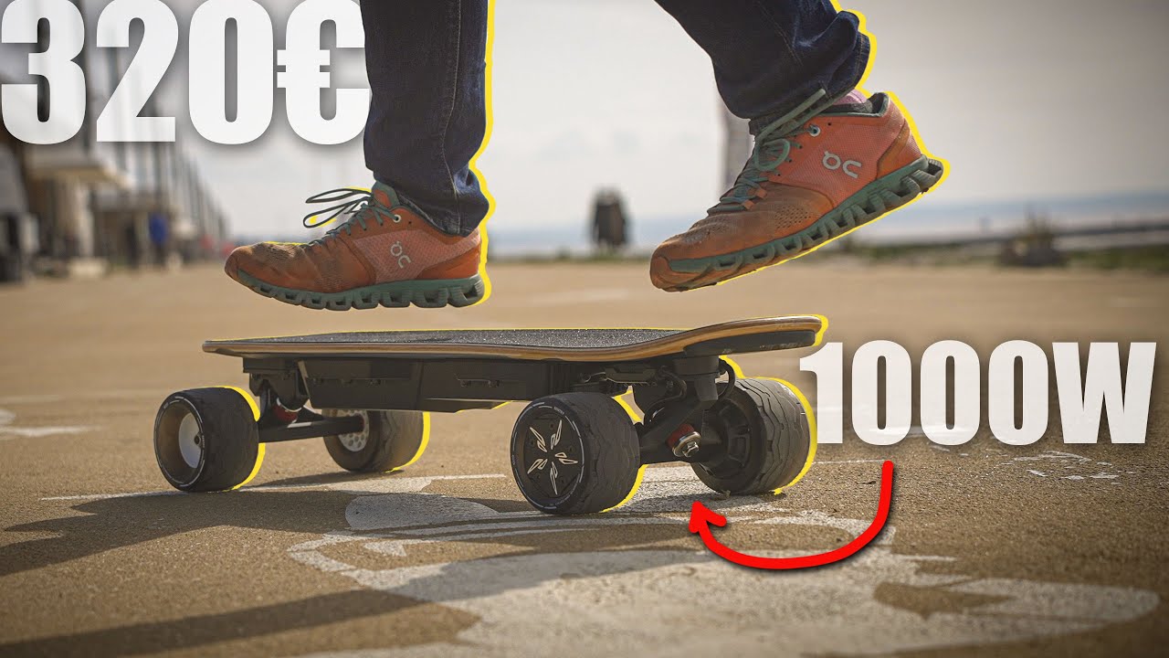 A person in orange shoes hovers above an electric skateboard labeled "1000W" with a price tag of "320€."