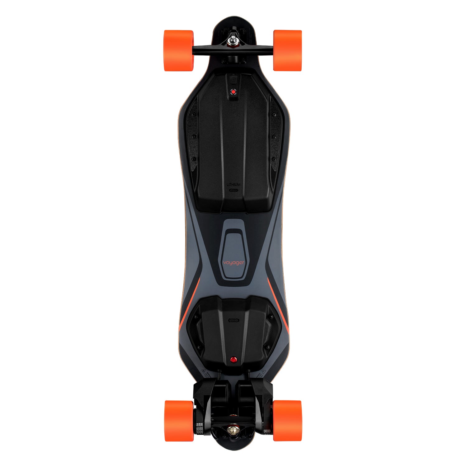 Top view of Meepo Voyager electric skateboard with sleek black deck and orange wheels.