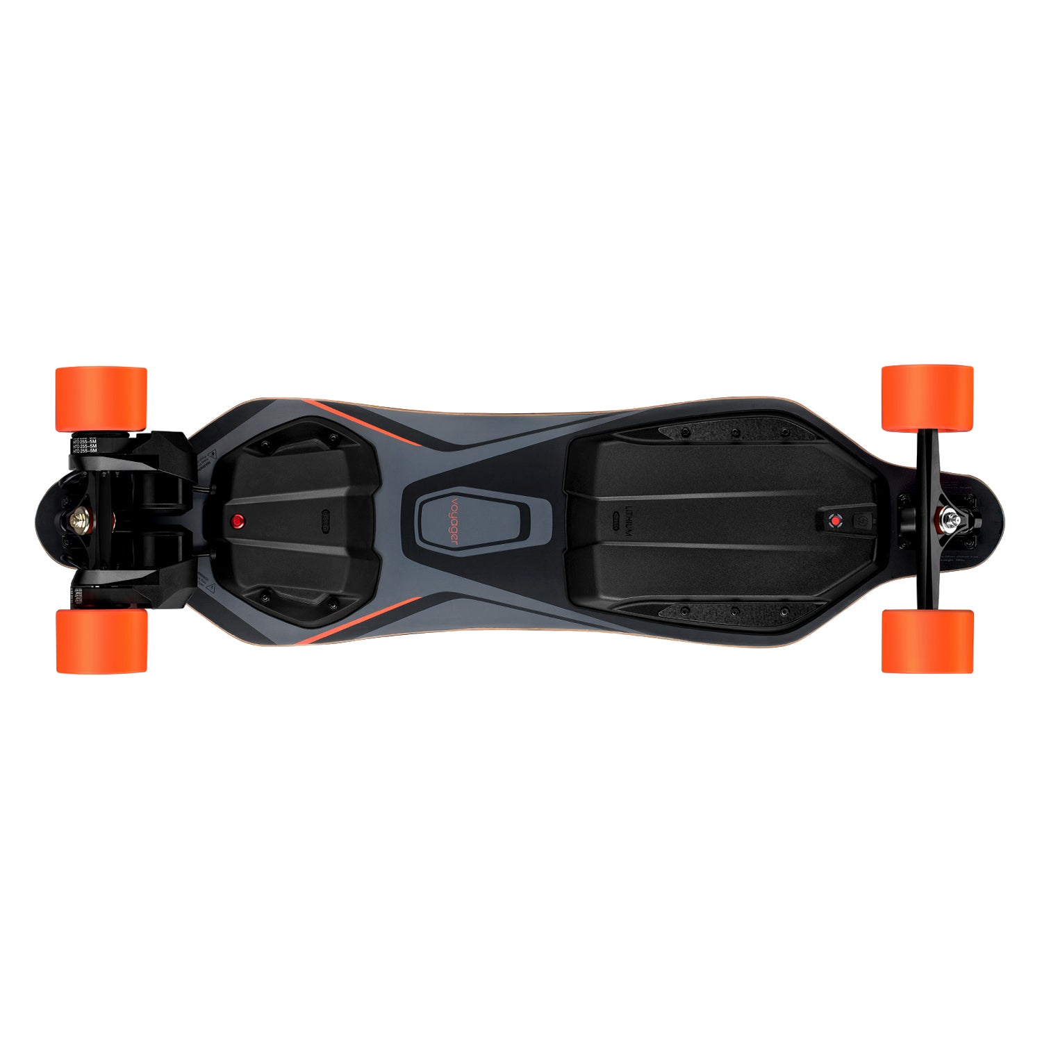 Top view of Meepo Voyager skateboard with sleek black deck and orange wheels.