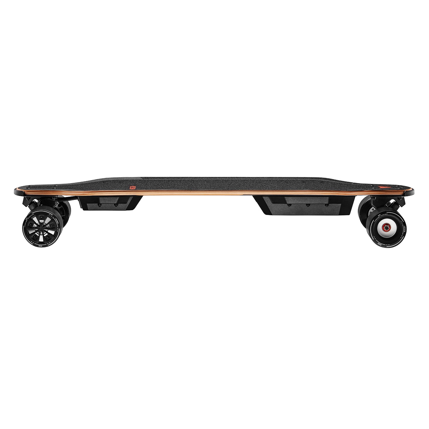 Meepo V5 electric skateboard side view displaying sleek design and premium wheels.