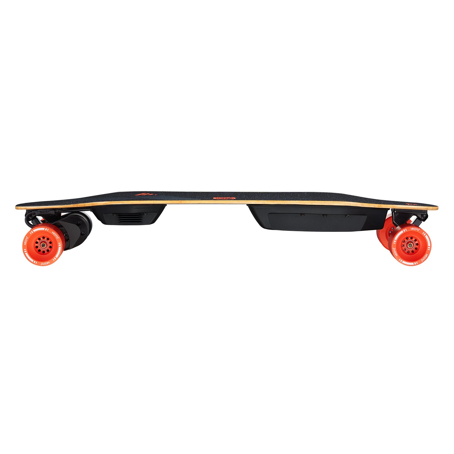 Side view of Meepo Voyager electric skateboard with orange wheels on a black deck.