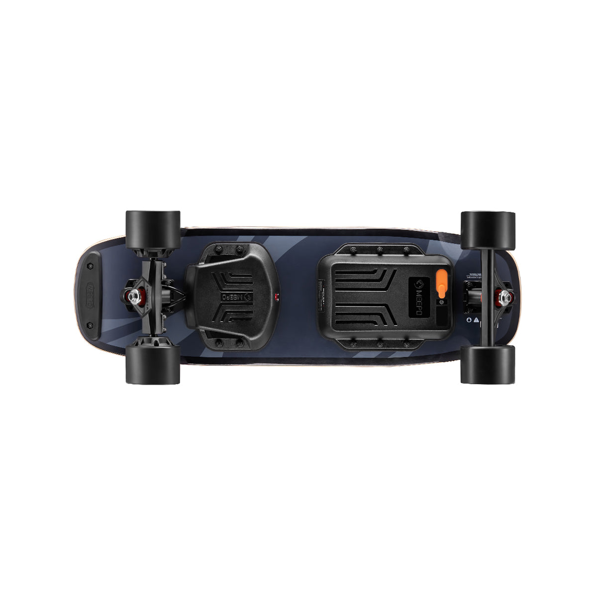 Sleek top view of Meepo Atom electric skateboard with dual motors and sturdy wheels.