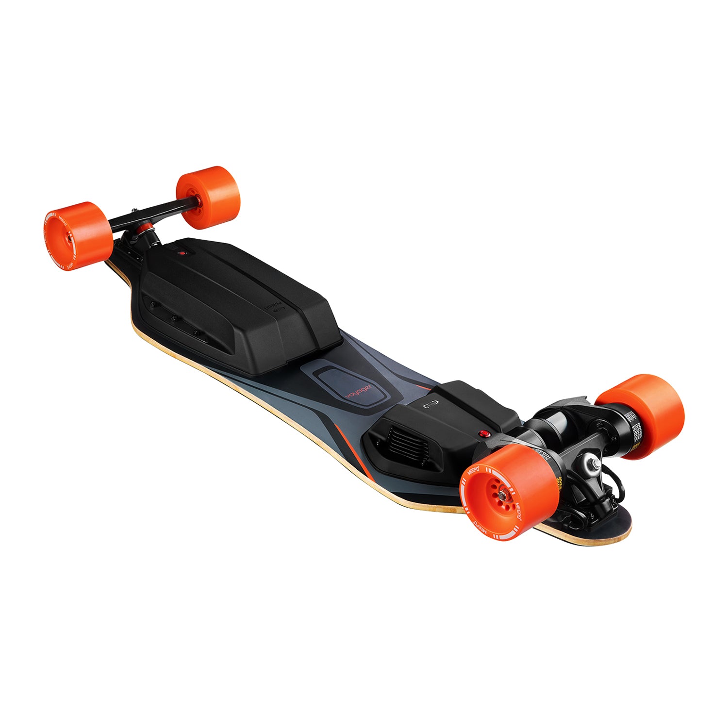 Meepo Voyager electric skateboard with orange wheels on a black deck.