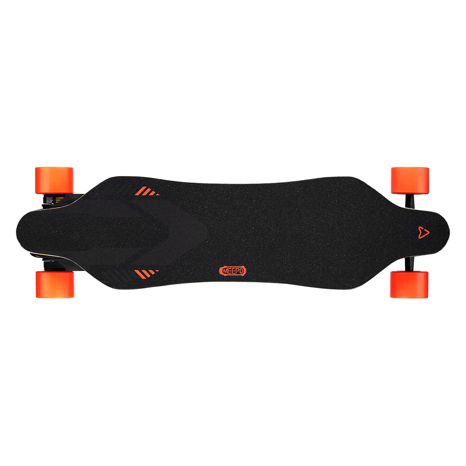 Top view of Meepo Voyager skateboard with black deck and orange wheels.