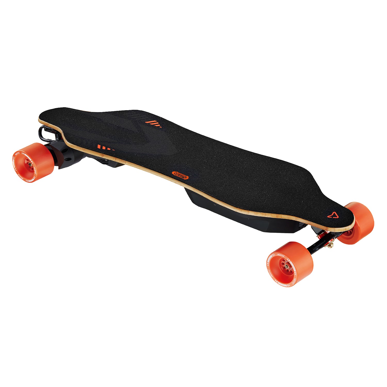 Meepo Voyager skateboard with sleek black deck and orange wheels on a white background.