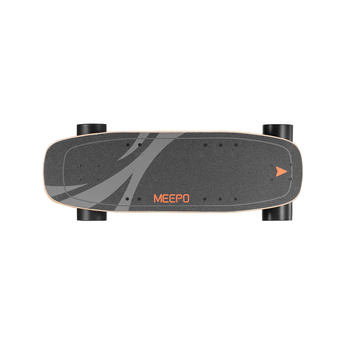 Top view of Meepo Atom electric skateboard highlighting sleek design and grip.