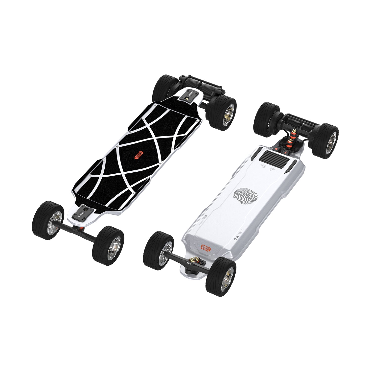 Meepo Hurricane Ultra X skateboard with unique design, black grip tape, and large wheels.