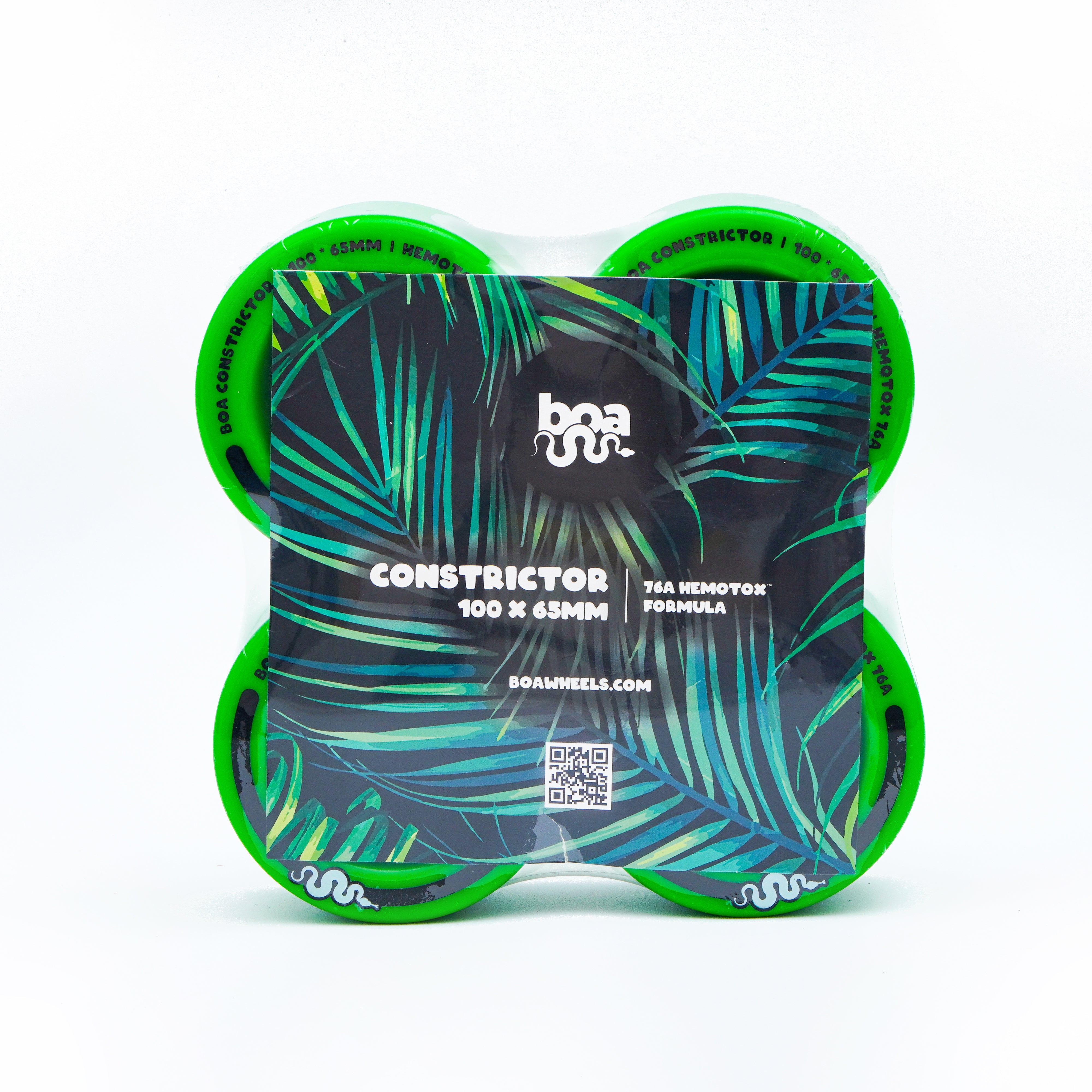 Boa Constrictor 100mm longboard wheels in vibrant Jungle Green with tropical design packaging