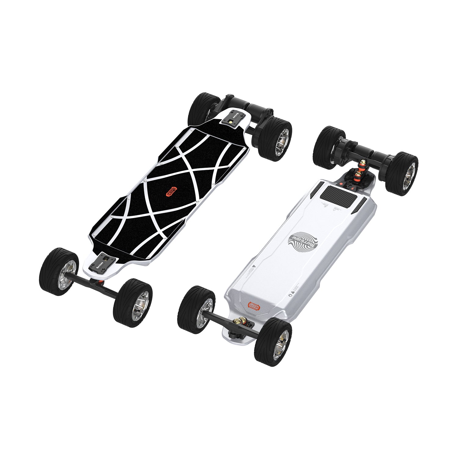 Top view of Meepo Hurricane Ultra X skateboard with sleek deck and large wheels.