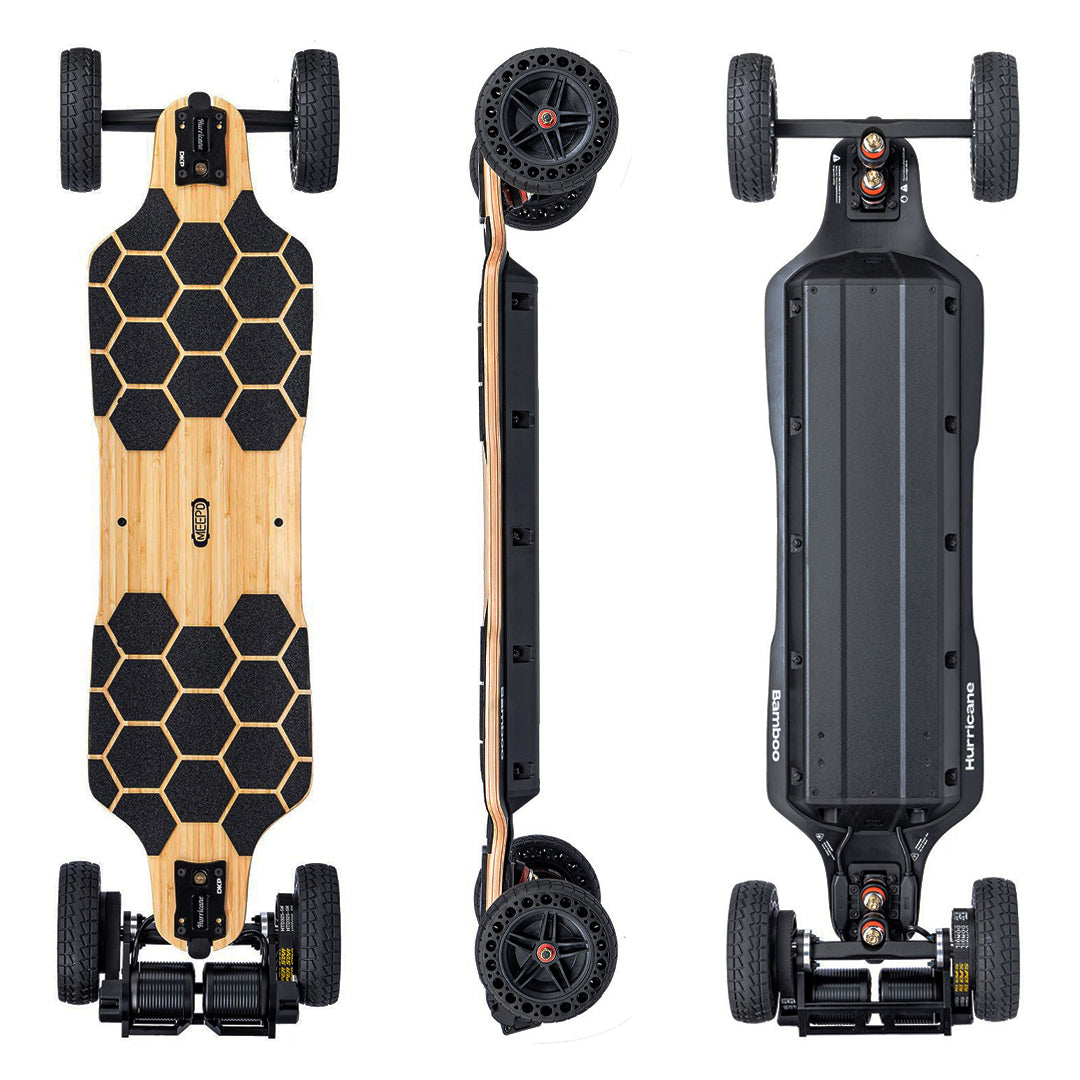 Meepo Hurricane Bamboo skateboard with honeycomb wheels and dual motor design.