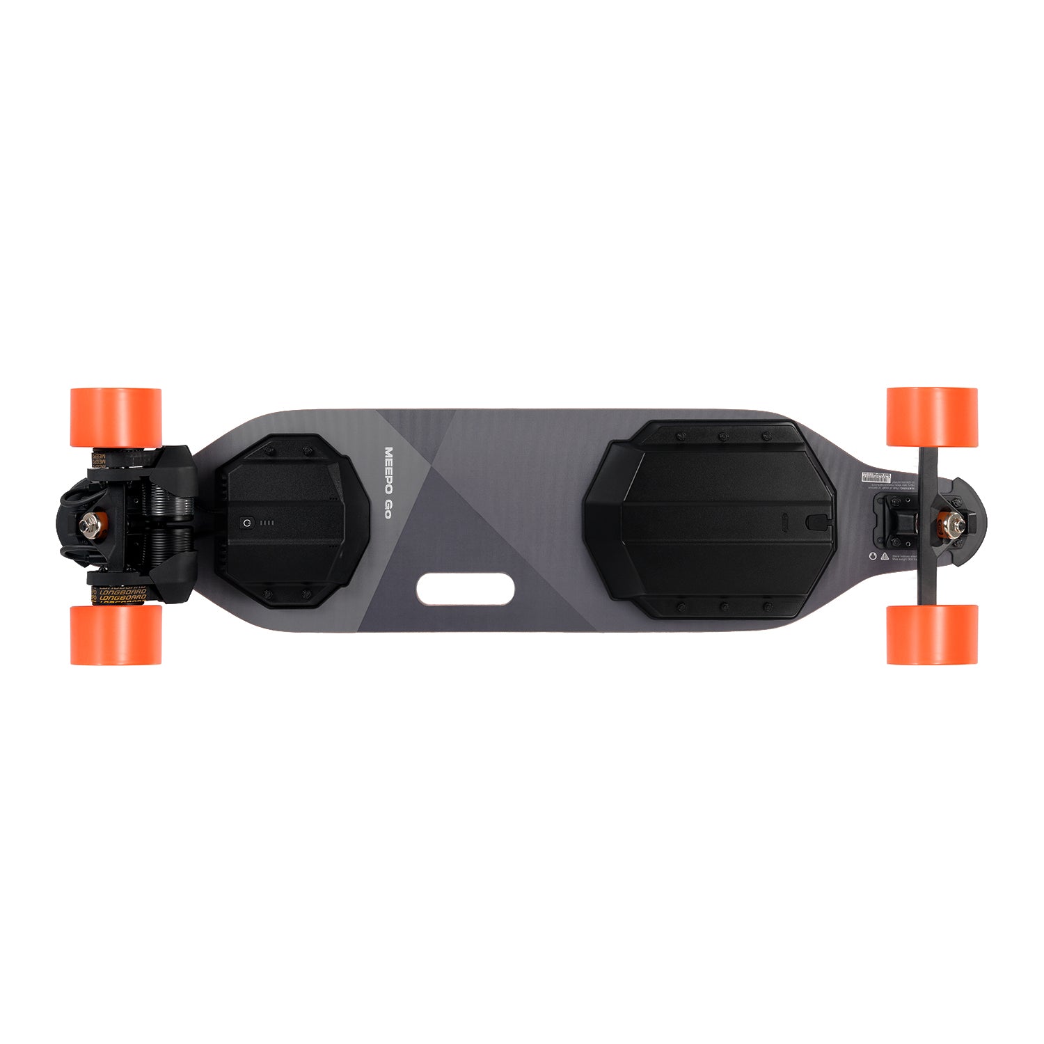 Top view of Meepo Go electric skateboard showcasing battery packs and vibrant orange wheels.