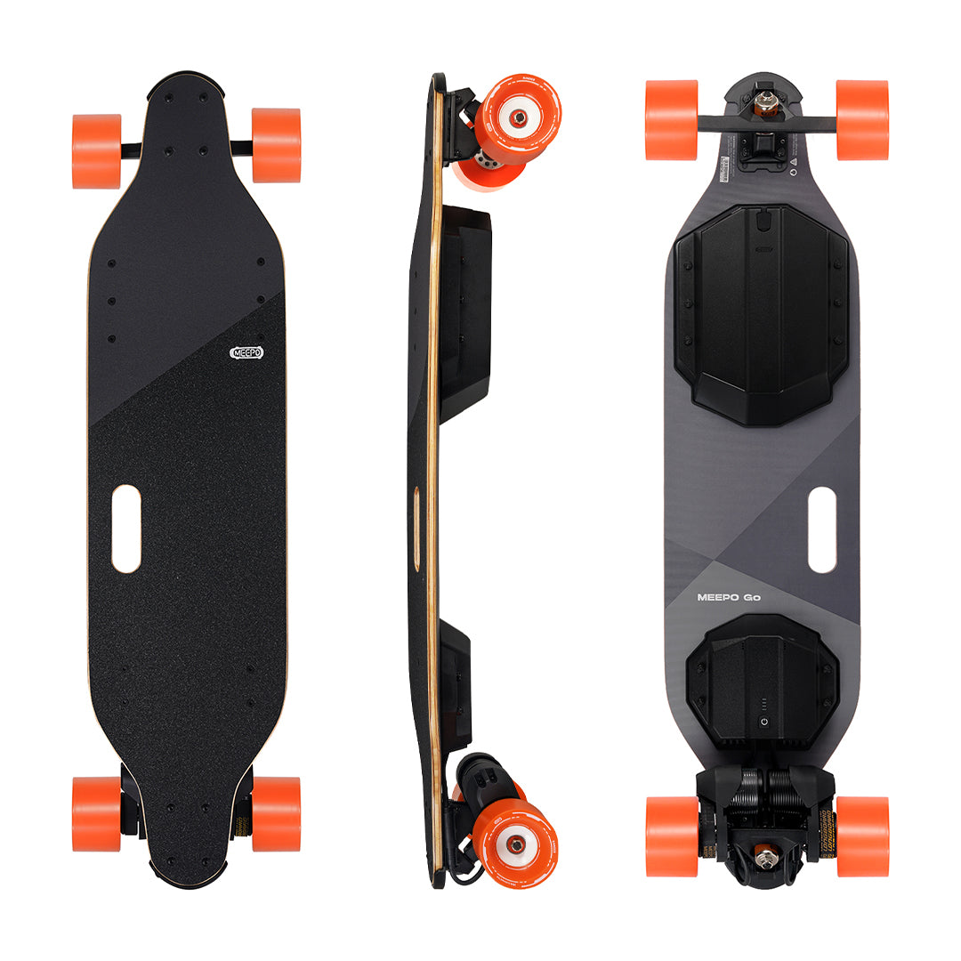 Meepo Go electric skateboard top and side view, highlighting sleek design and performance.