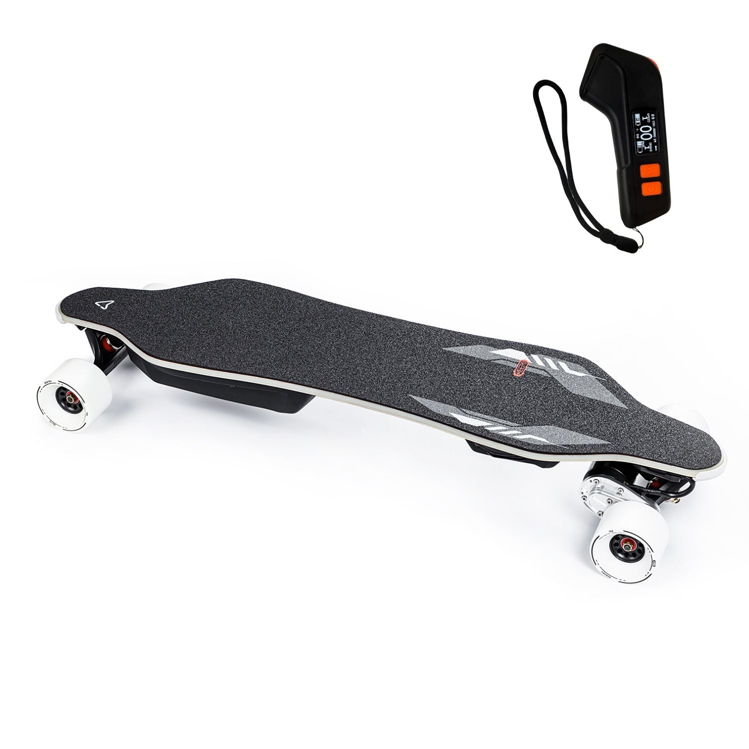 Sleek Meepo Voyager X electric skateboard with remote control, showcasing design and features.