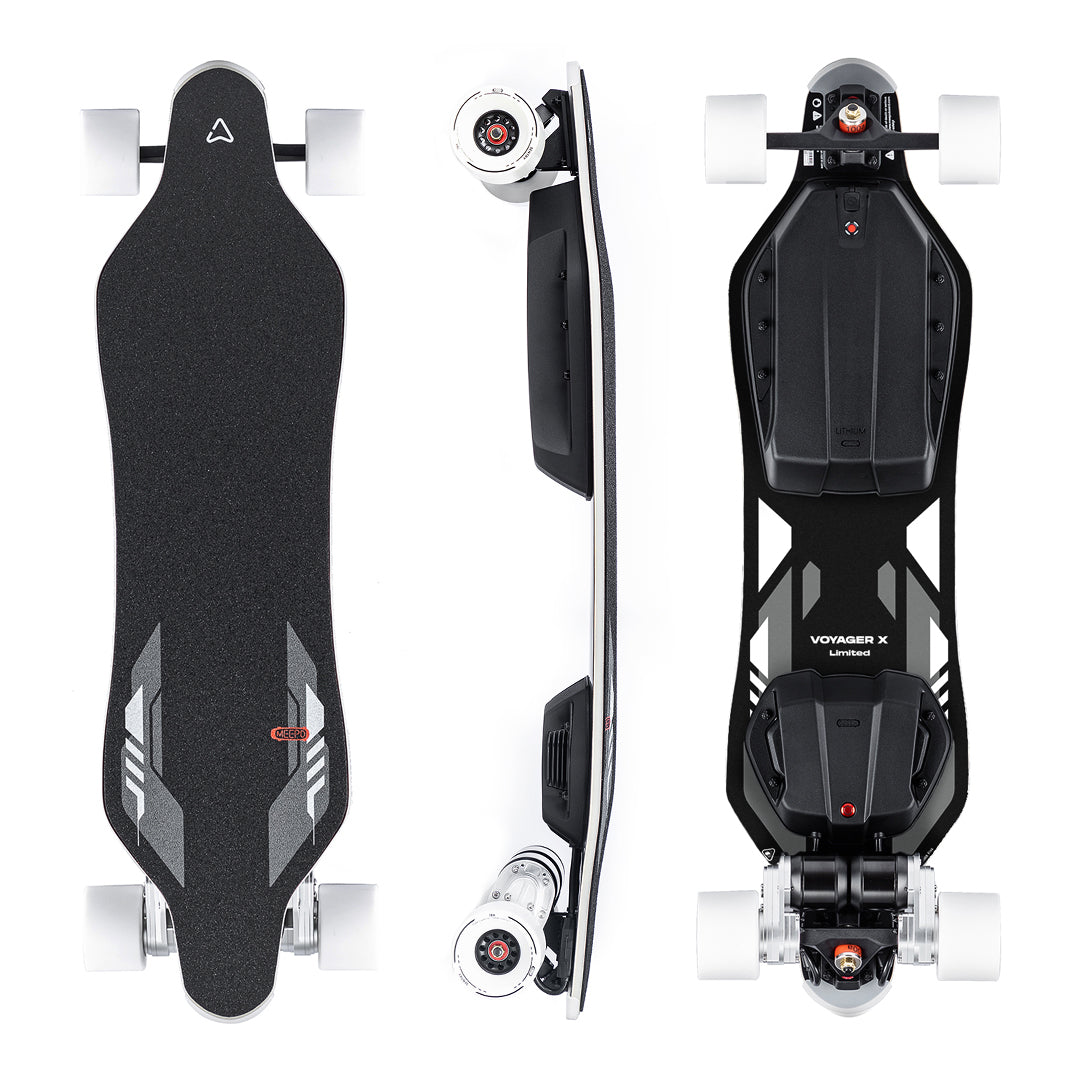 Meepo Voyager X electric skateboard top and side views highlighting sleek design and white wheels