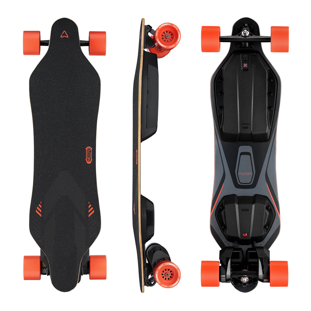 Meepo Voyager electric skateboard top and bottom view with orange wheels.