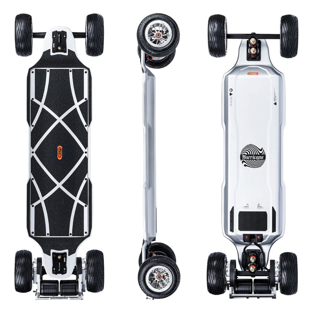 Meepo Vader electric skateboard showcasing design and features on a sunny day.