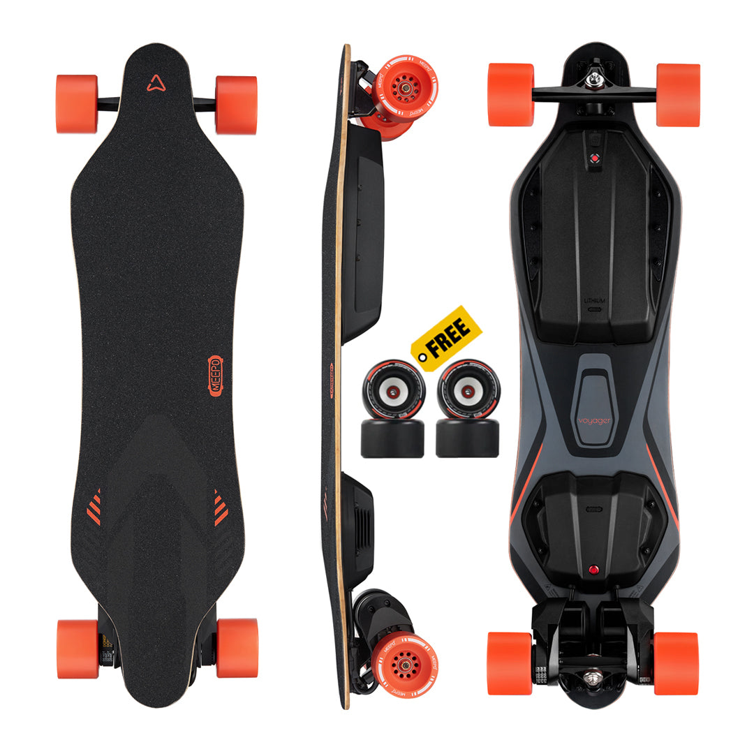 Meepo Voyager skateboard with orange wheels and free Cyclone wheel set, top and side view