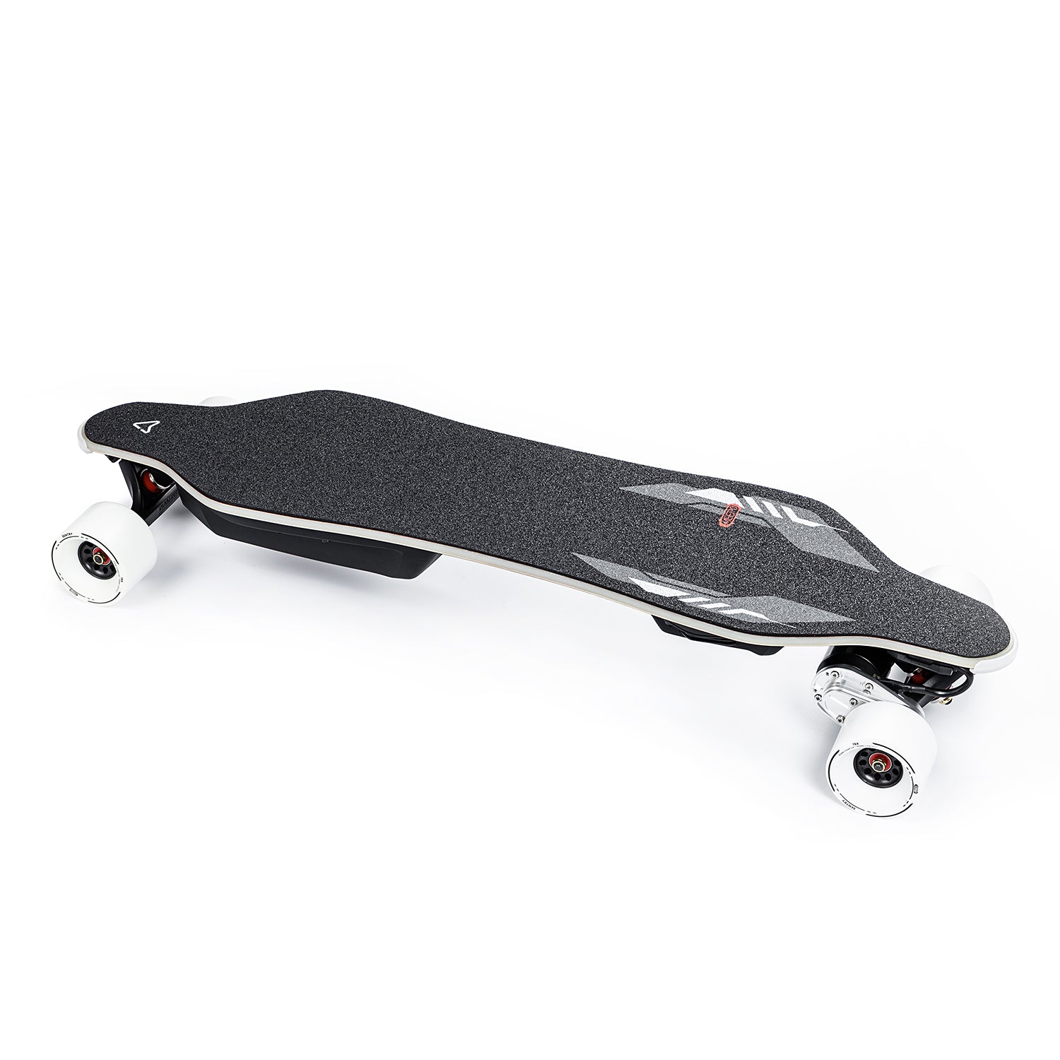 Meepo Voyager X electric skateboard side view featuring sleek black deck and white wheels.