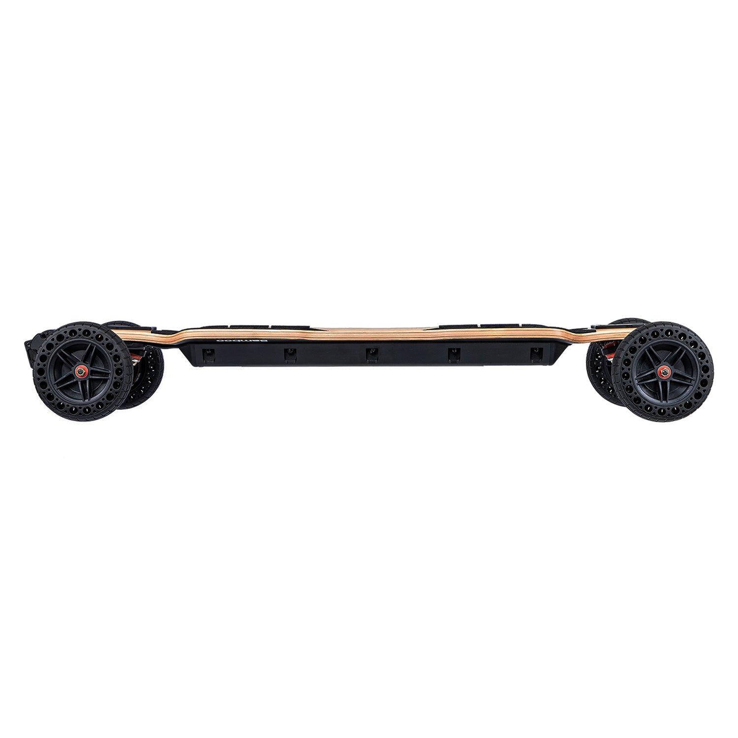 Side view of Meepo Hurricane Bamboo skateboard showcasing honeycomb wheels and deck.