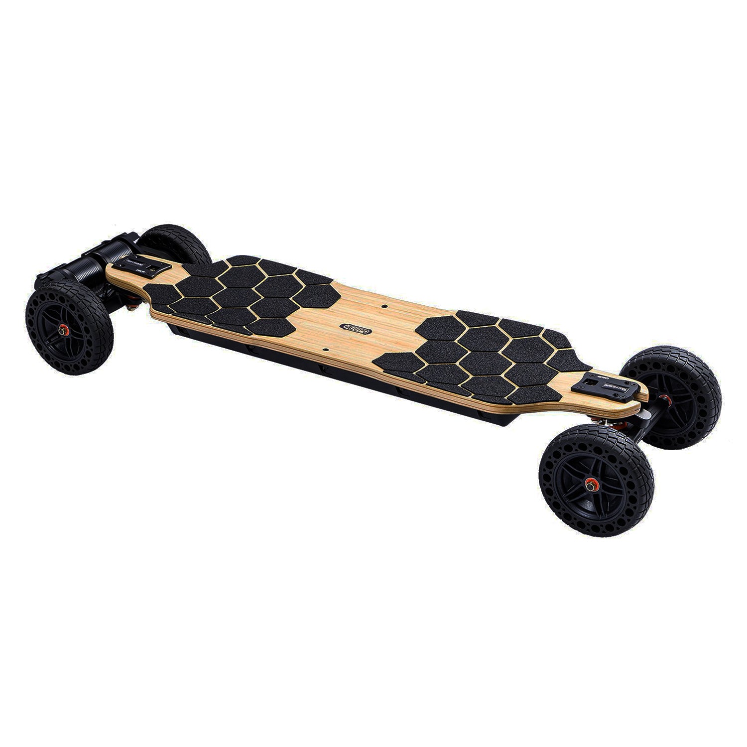 Meepo Hurricane Bamboo skateboard with honeycomb wheels and bamboo deck design.