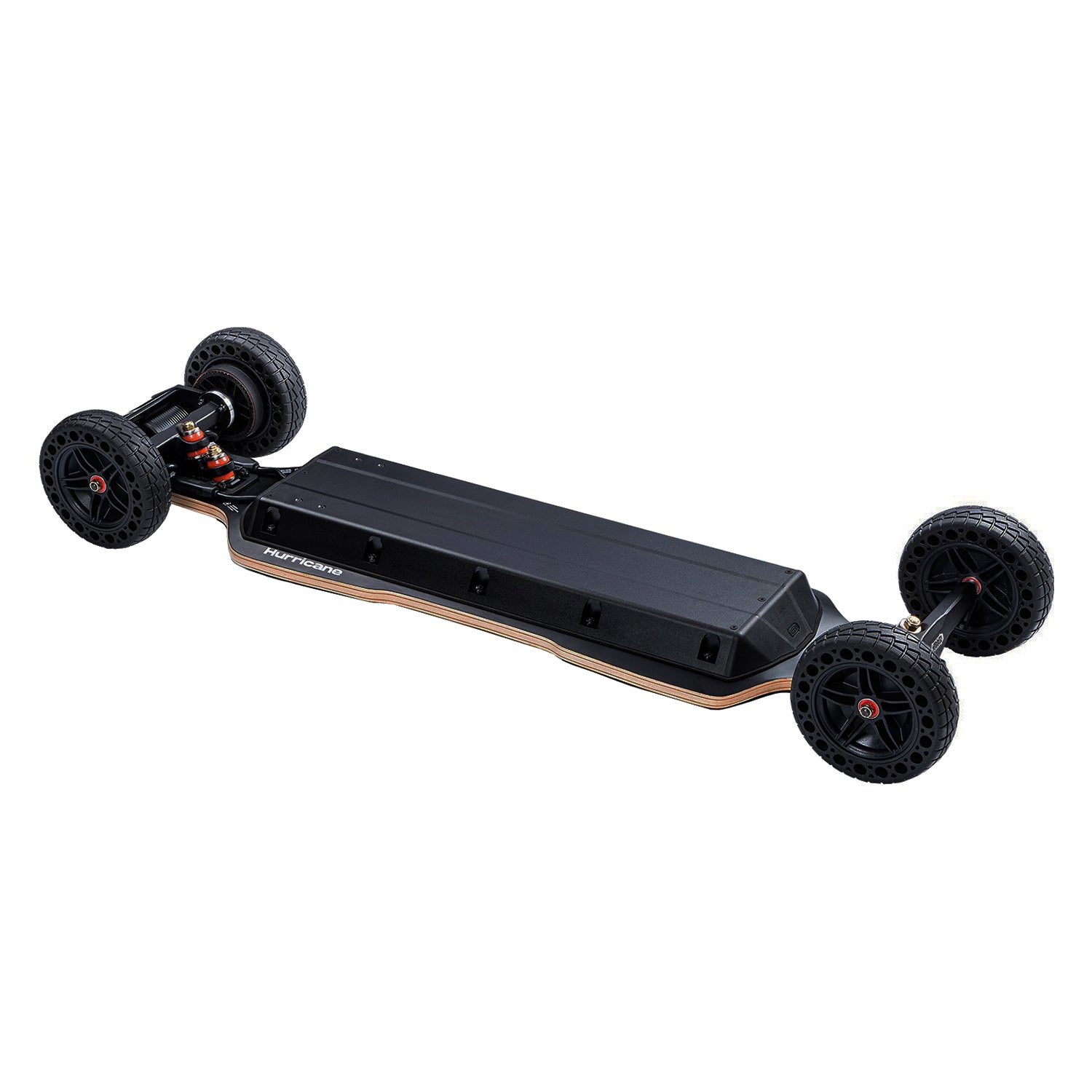 Underneath view of Meepo Hurricane Bamboo skateboard showcasing chassis and wheels.