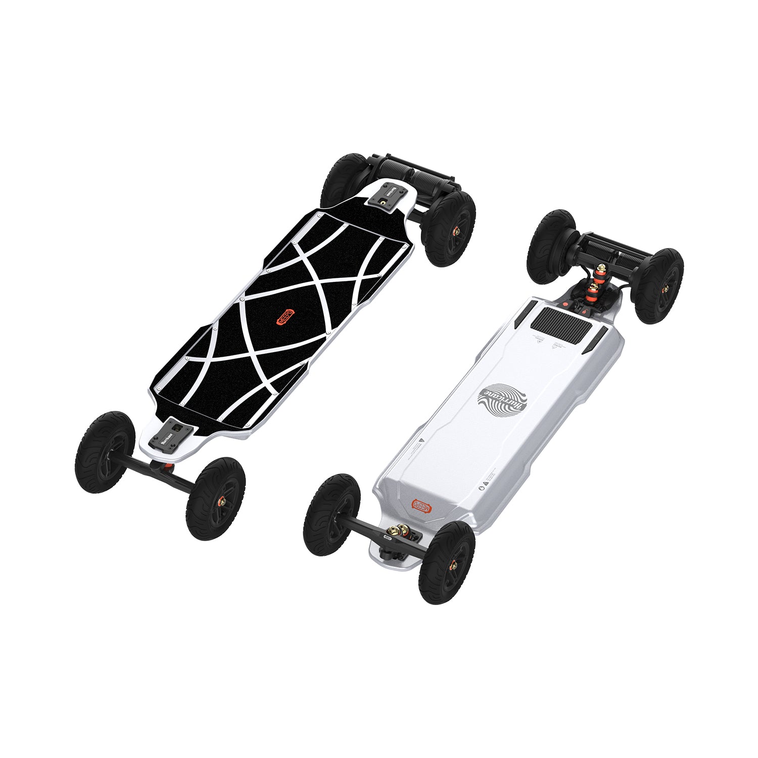 Meepo Hurricane Ultra X skateboard top and bottom view showcasing large all-terrain wheels.