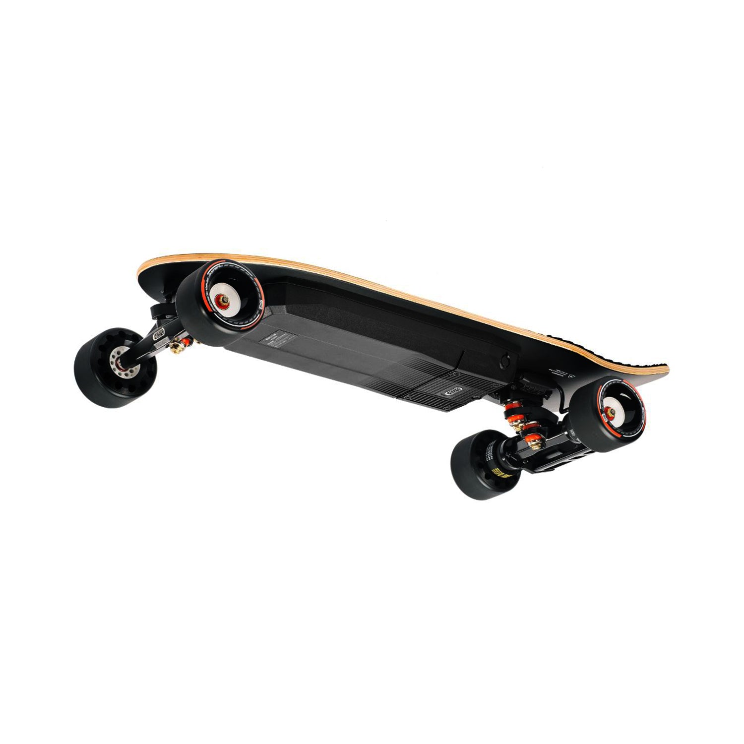 Underside of Meepo Flow skateboard showcasing bamboo deck and wheel design.