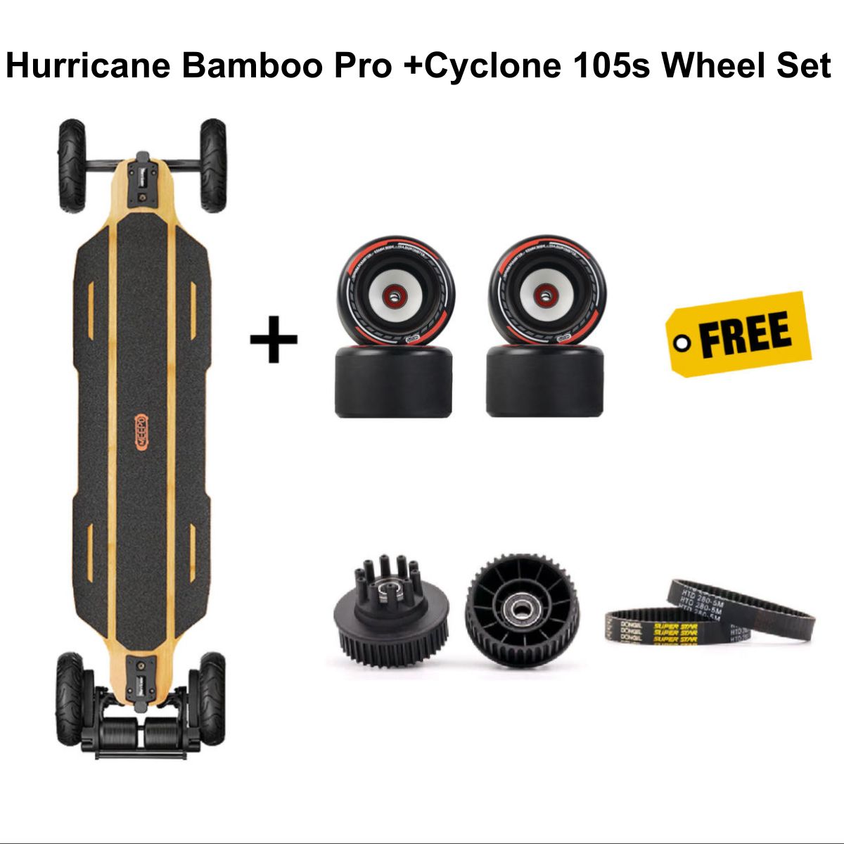 Meepo Hurricane Bamboo Pro skateboard with free Cyclone 105s wheels and parts.