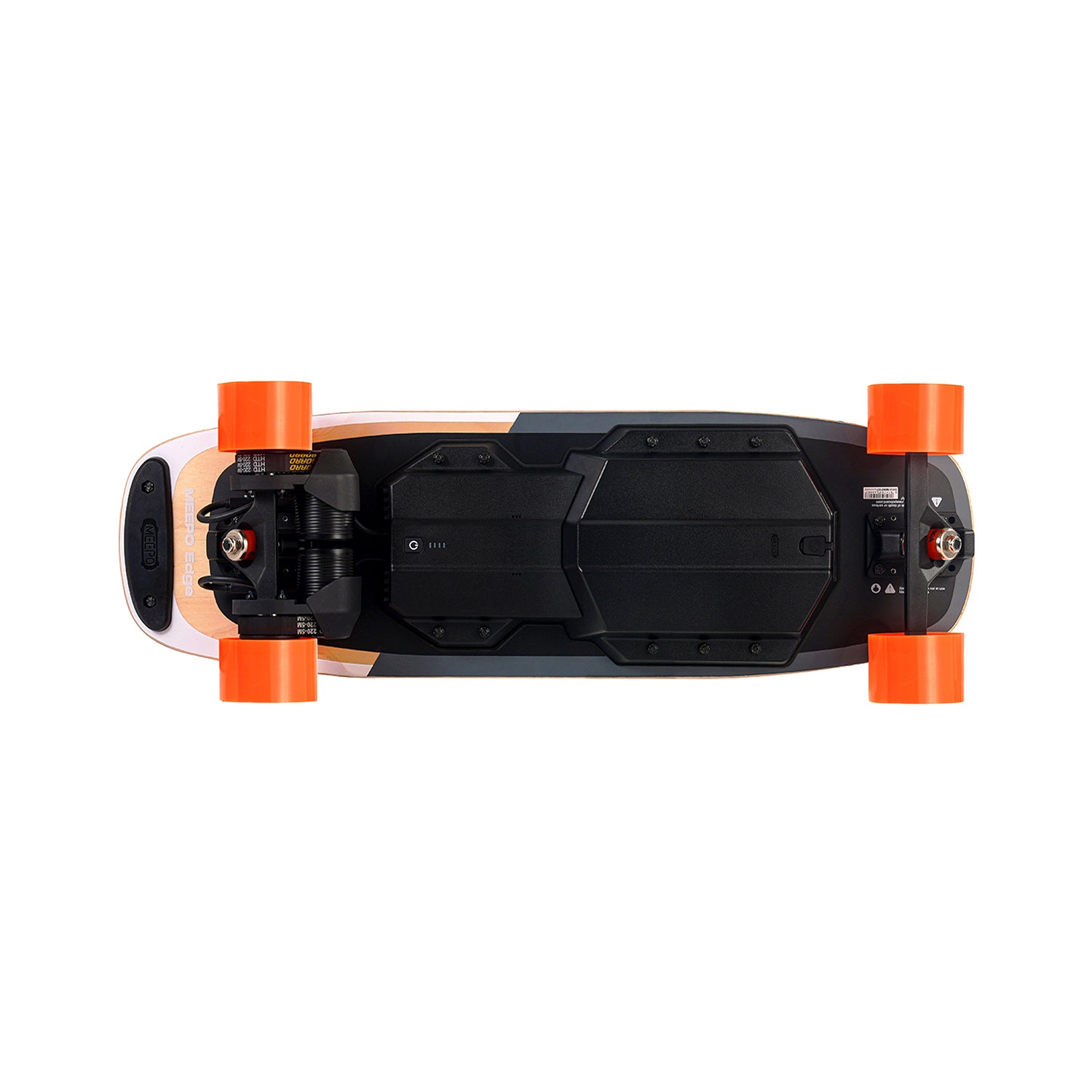 Top view of Meepo Edge skateboard with black deck and orange wheels.