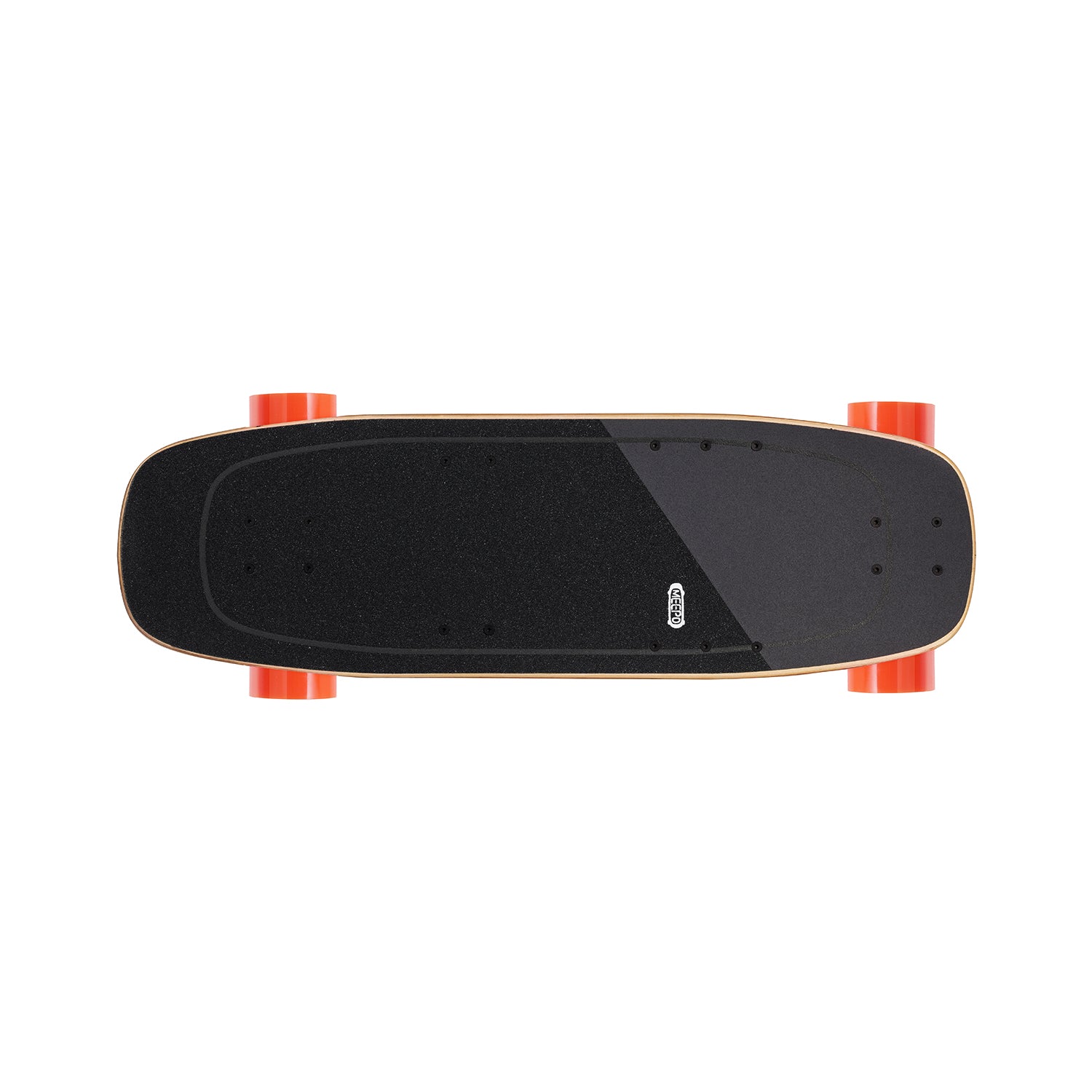 Meepo Edge skateboard top view with black deck and orange wheels