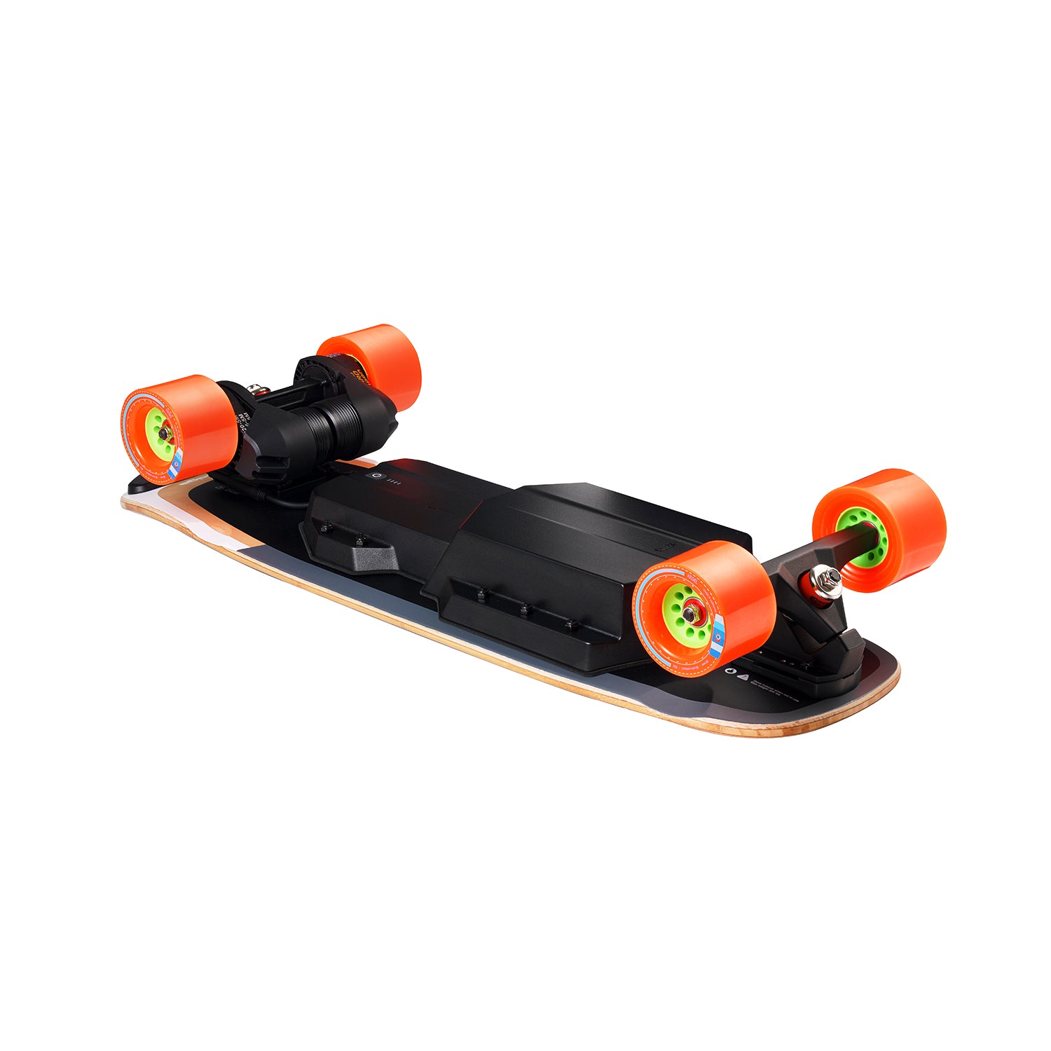 Meepo Edge skateboard in side view showcasing black deck with orange wheels.