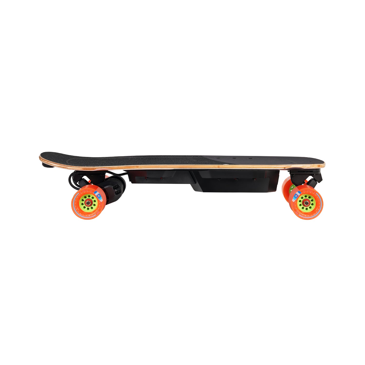 Meepo Edge electric skateboard side view with black deck and orange wheels