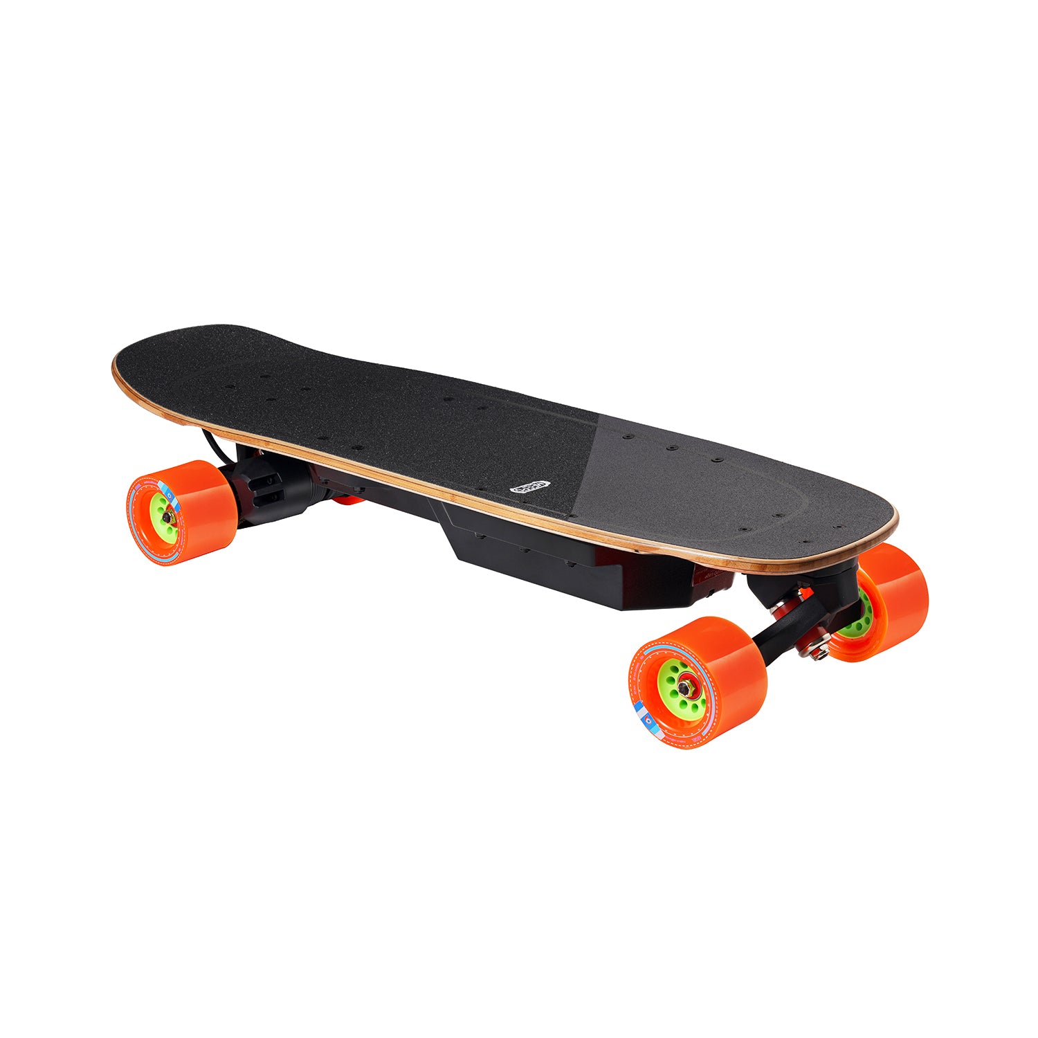 MEEPO Edge electric skateboard side view with black deck and vibrant orange wheels