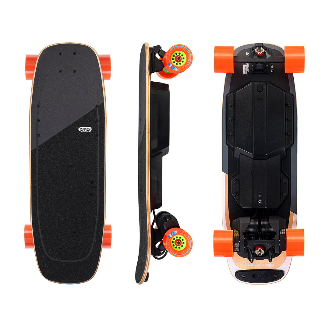 Meepo Edge electric skateboard showcasing its black deck and orange wheels from above