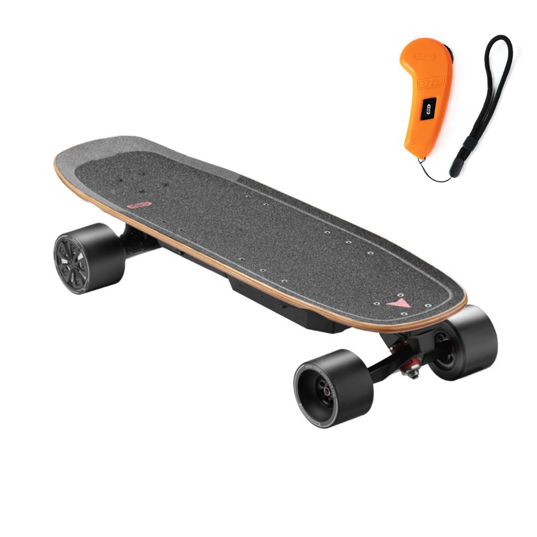 Meepo Mini 5 electric skateboard with remote on a flat surface