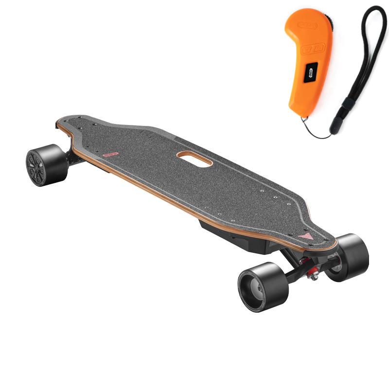 Meepo V5 electric skateboard top view with bamboo deck and orange remote control.