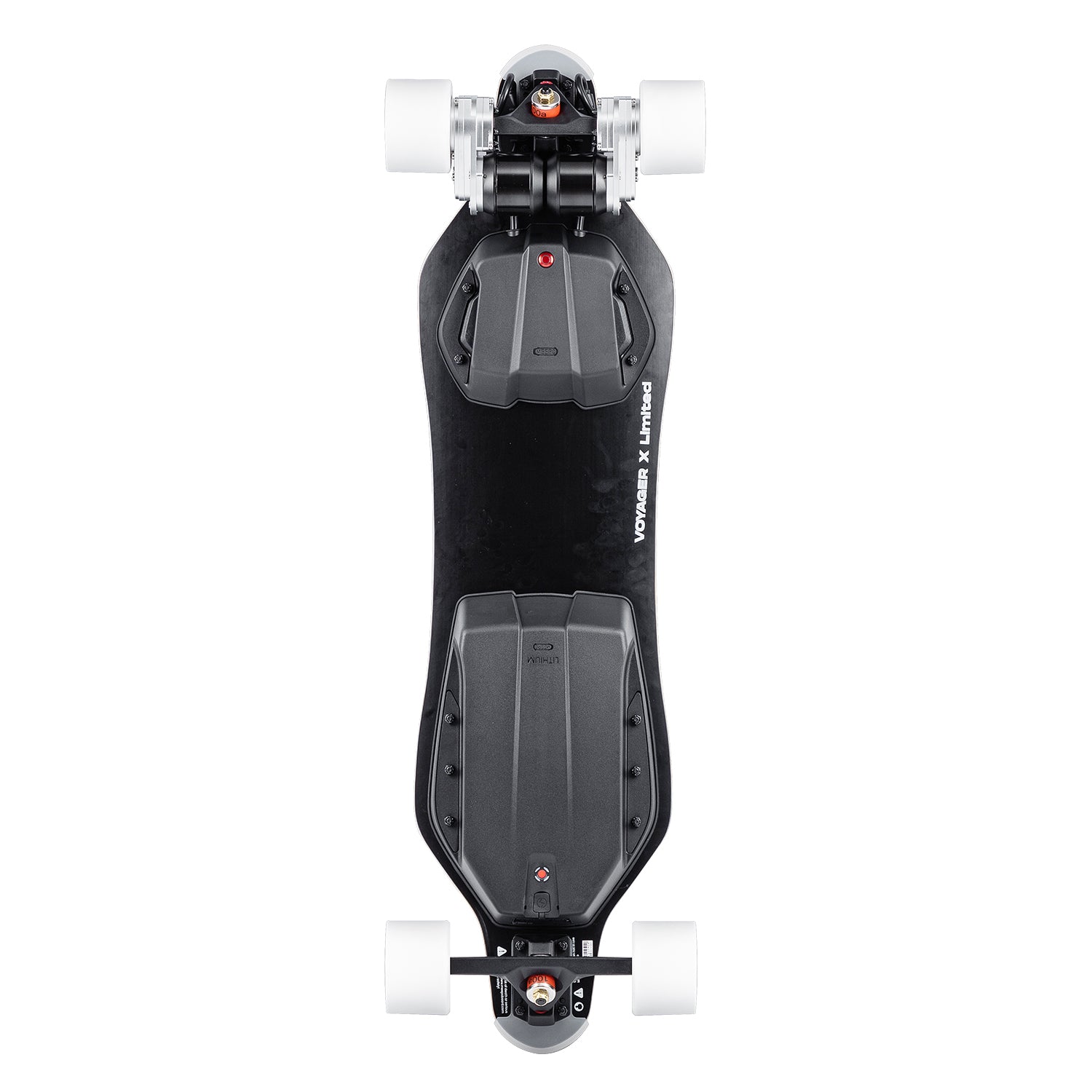 Top view of Meepo Voyager X electric skateboard highlighting sleek black deck and white wheels.