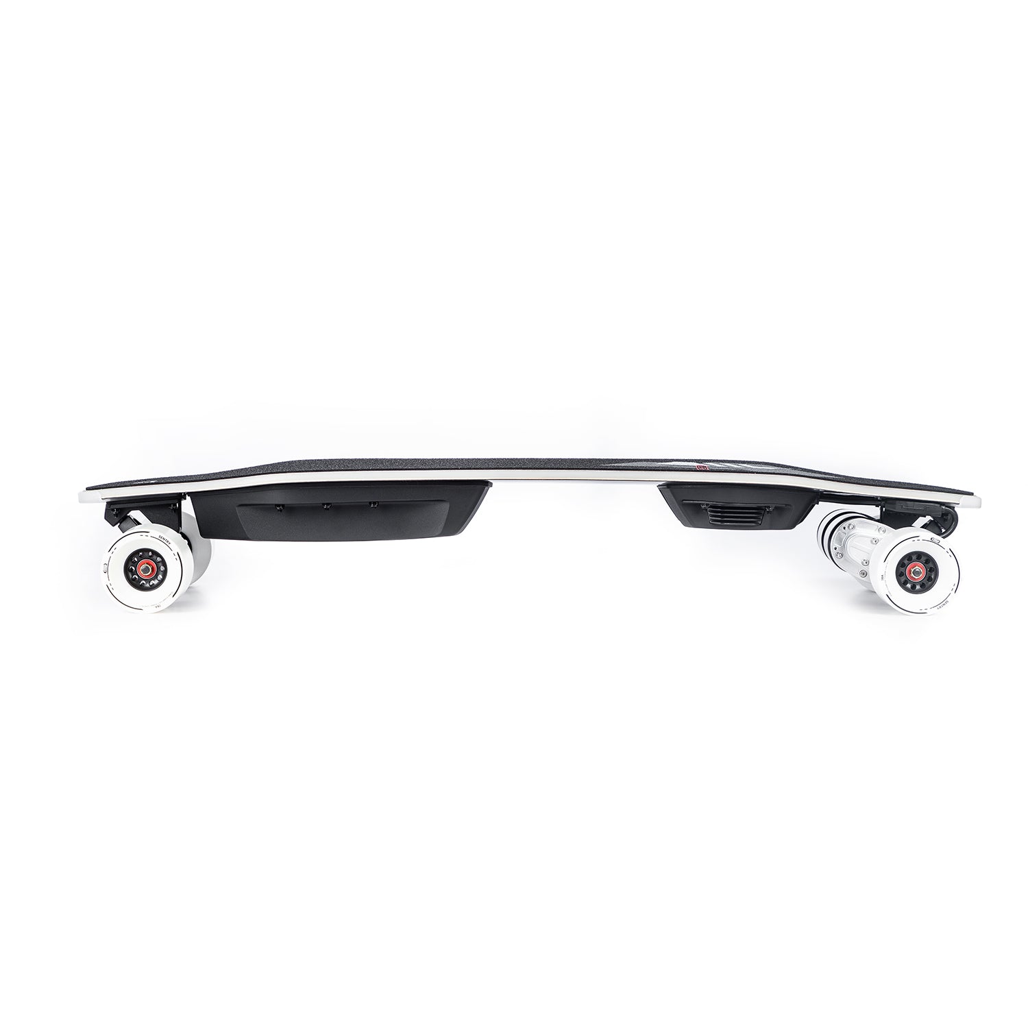 Bottom view of Meepo Voyager X electric skateboard highlighting sleek design and wheels.