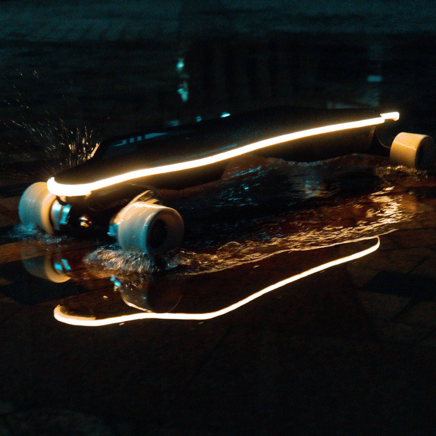 Meepo Voyager X skateboard glowing in water reflection at night, showcasing sleek design.