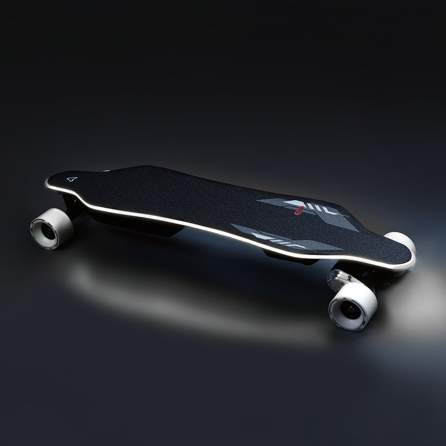 Meepo Voyager X skateboard on a dark background with sleek design and white wheels