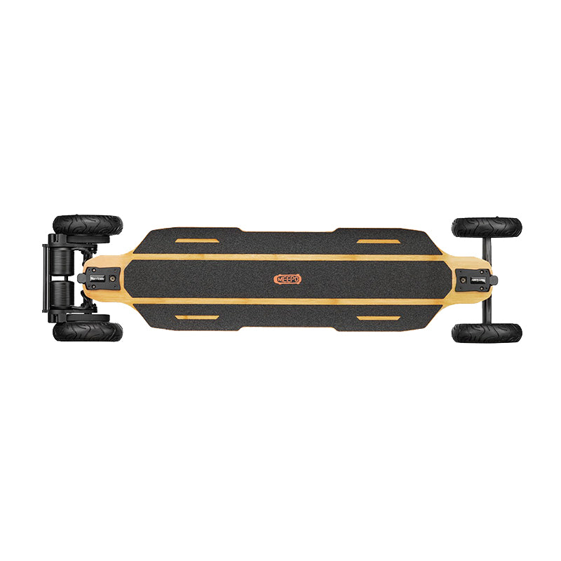 Top view of Meepo Hurricane Bamboo Pro electric skateboard with off-road tires