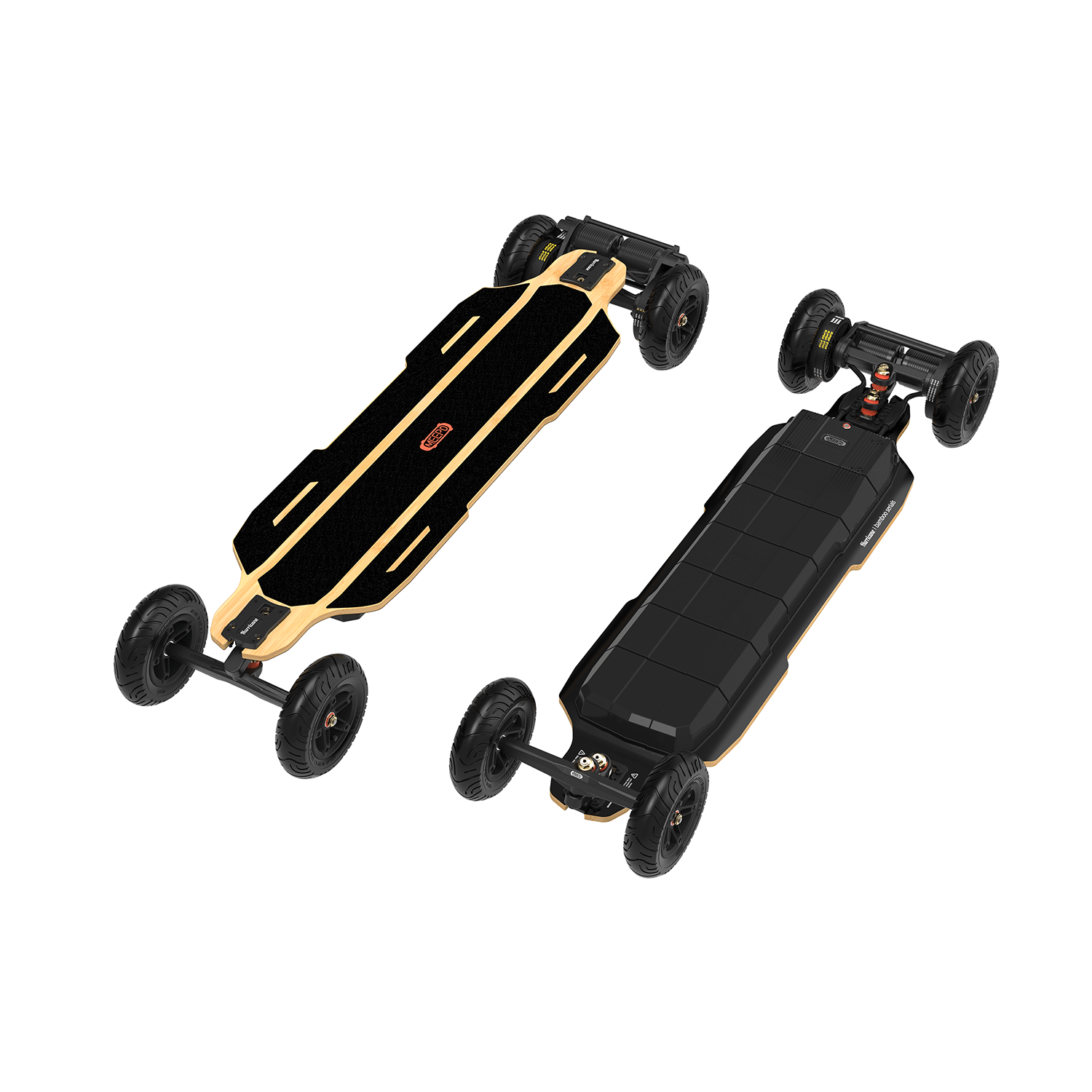 Meepo Hurricane Ultra X skateboard with bamboo and black deck, featuring large wheels.