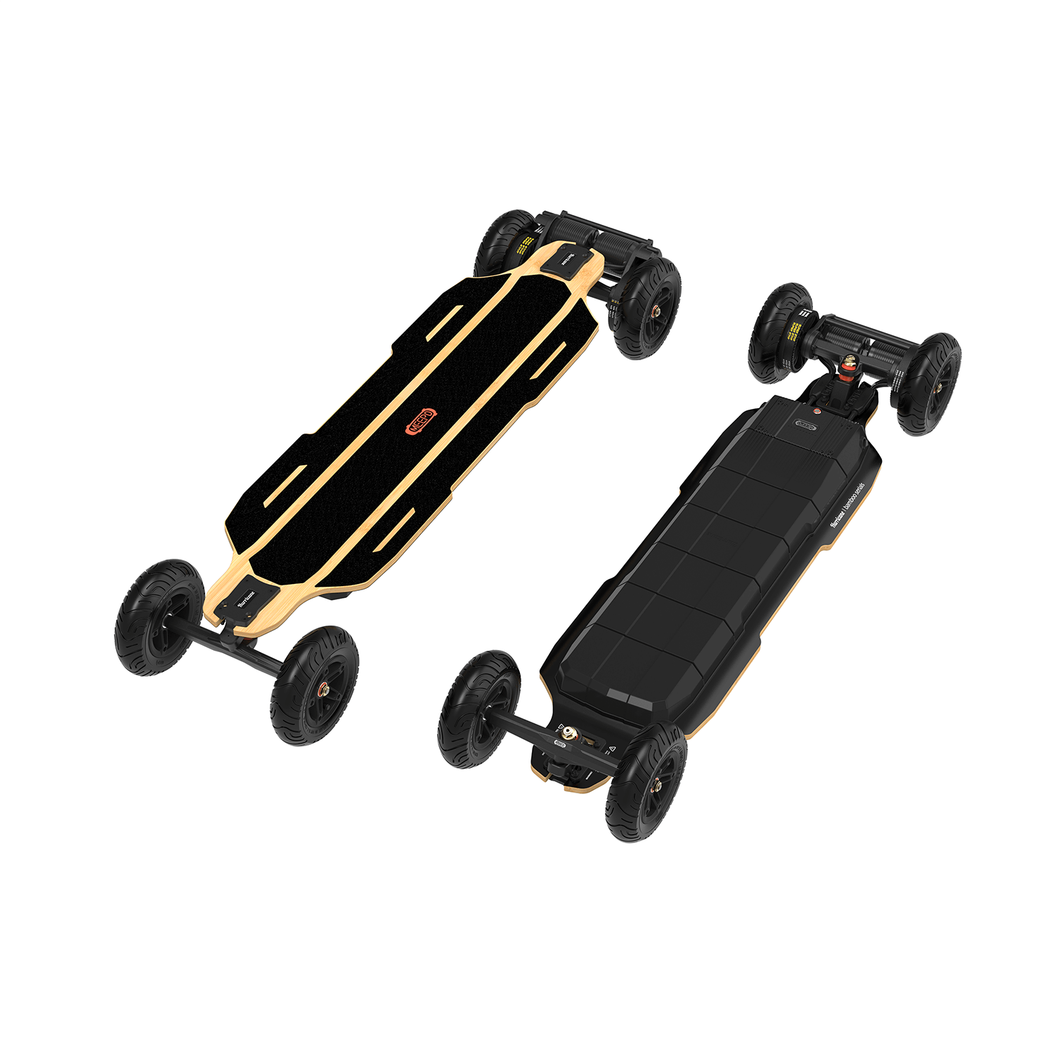 Meepo Hurricane Ultra X skateboard with black deck and rugged all-terrain wheels.